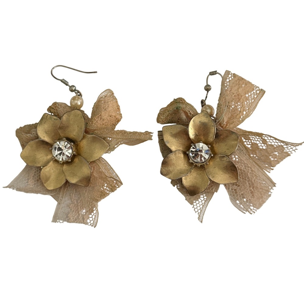 Vintage Flower Lace Drop Earrings Rhinestone Gold Peach Statement Women